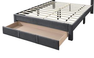 English Elm Luxury Corduroy Upholstered Queen Bed with Horizontal Channel Tufted Headboard and Storage Drawer Charcoal 62 L x 24 W x 10 H B011P238964