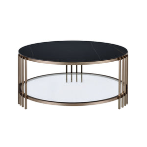 English Elm Abisha Round Sintered Stone Coffee Table with Champagne Metal Frame and Lower Display Shelf Black 40.75 L x 40 W x 4.25 H B2726P245882