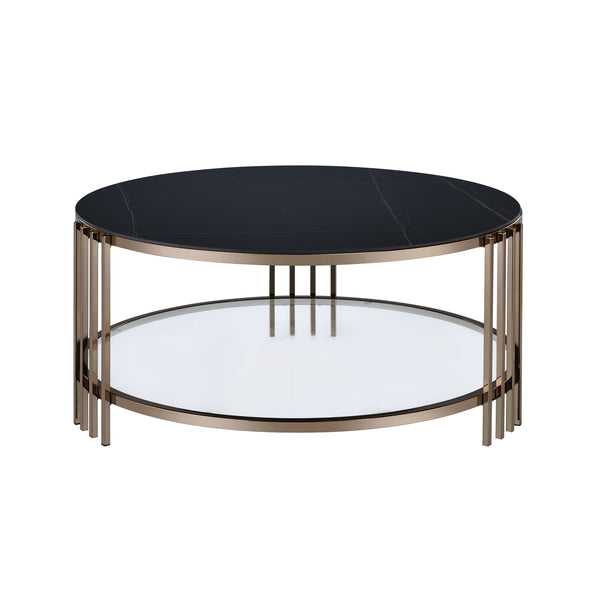 English Elm Abisha Round Sintered Stone Coffee Table with Champagne Metal Frame and Lower Display Shelf Black 40.75 L x 40 W x 4.25 H B2726P245882