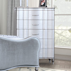 English Elm Silver Glam White Curved Chest 5-Drawer with Acrylic Crystal Handles, Turned Legs, Felt Lined Top B2741P372234