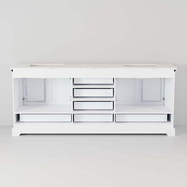 English Elm White Double Bath Vanity With Elegant Carrara Marble Top - Ample Storage & Soft-Close Features! B2731P258259-GIGA