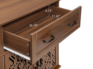 English Elm 4 Door Sideboard Buffet with Hand Carved Geometric Panels Black Oak Finish Raised Legs W688P359947