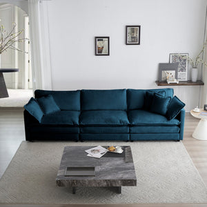 English Elm Mid-Century 3-Seater Sofa In Soft Blue Chenille With 5 Plush Pillows - Stylish Living Room Comfort W714S00600