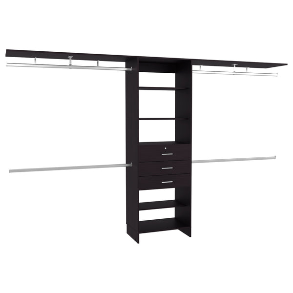 English Elm Plego Adjustable 69"–118" Closet System in Black Wengue with 5 Shelves, 4 Rods & 3 Drawers - MDF B200S00420