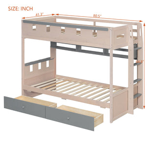 English Elm Twin Castle Bunk Bed with Led Lighting Built-in Shelf and Storage Drawers for Kids Gray LT000158AAE