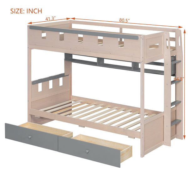 English Elm Twin Castle Bunk Bed with Led Lighting Built-in Shelf and Storage Drawers for Kids Gray LT000158AAE