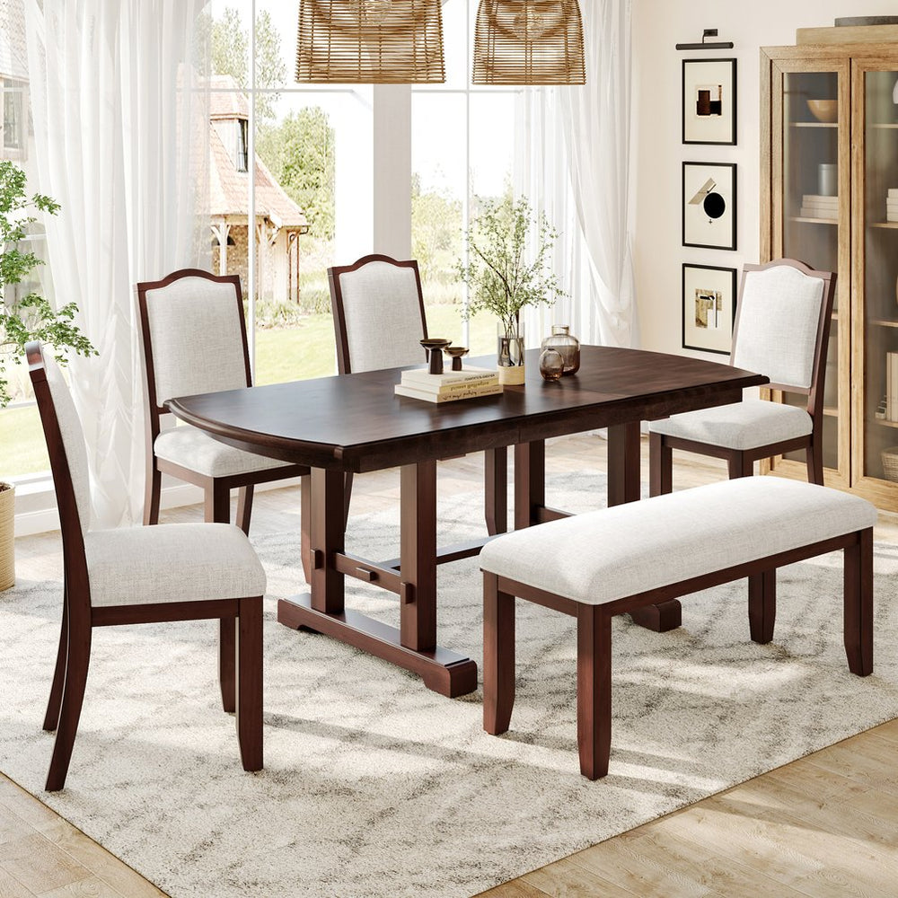 English Elm 6-piece Extendable Wood Dining Set with Linen Upholstered Chairs Bench Seats Eight Cherry N752S000097C