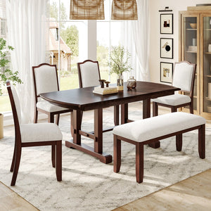English Elm 6-piece Extendable Wood Dining Set with Linen Upholstered Chairs Bench Seats Eight Cherry N752S000097C
