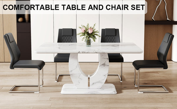 English Elm Table Marble-Pattern Mdf Dining Set – Modern 63"X37" Table With 4 Ergonomic Black Pu Chairs W1151S02183-GIGA