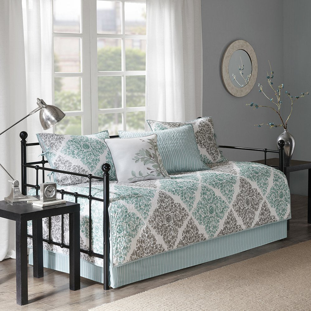 JLA Home Madison Park - 6 Madison Park Claire Reversible Twin Daybed Set - Quilted Aqua Grey Botanical Diamond & Stripes, 6pc MP13-3972