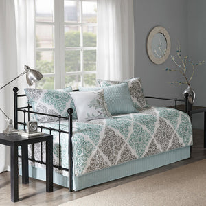 JLA Home Madison Park - 6 Madison Park Claire Reversible Twin Daybed Set - Quilted Aqua Grey Botanical Diamond & Stripes, 6pc MP13-3972