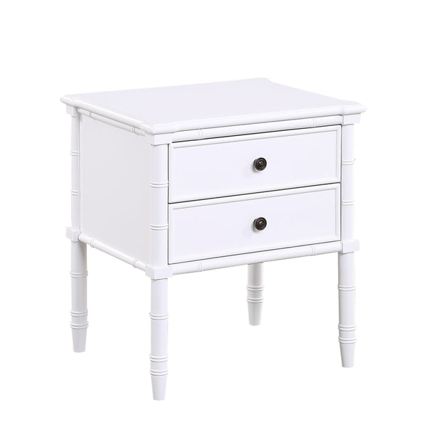 English Elm Emmett carved bamboo nightstand with 2 full‑extension drawers, brass knobs and floor‑protecting glides White B050P376943