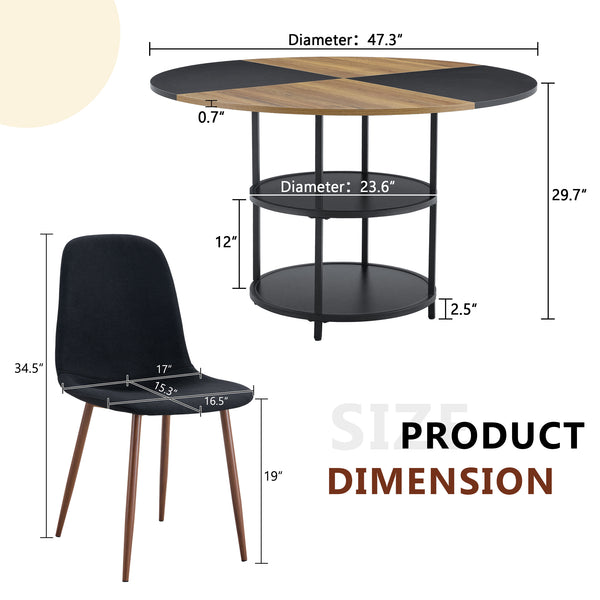 English Elm Table and Chair Set 47 Inch Round Mdf Spliced Top with Dual Tier Storage 4 Seats Black,Dark Walnut,Wood W1151S03335