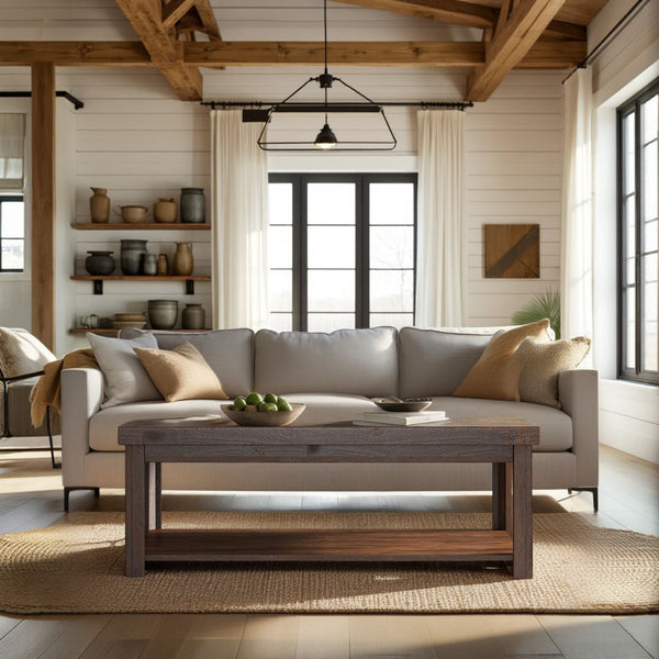 English Elm 48 Inch Coffee Table Whiskey Finish Knotty Alder Solid Veneer Rustic Modern Cocktail Table w/ Wheels B108P160191