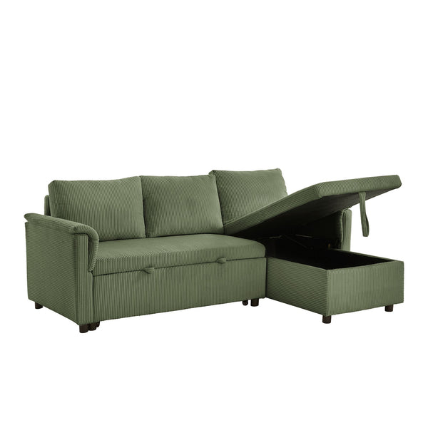 English Elm Loveseat Sectional Sleeper Sofa with Corduroy Tufted Upholstery Storage Chaise Reclining Green W2186S00014
