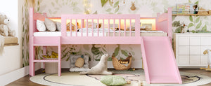 English Elm Twin Xl Solid Pine Loft Bed with Built-in Led Lighting and Storage Shelves Pink W1580S00365