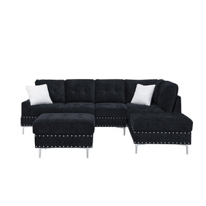 English Elm Sectional L-Shaped Chenille Sofa with Chaise Storage Ottoman, Metal Eucalyptus Frame, 4-Seater Spacious Navy Blue W1413S00118