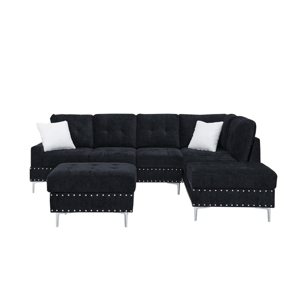 English Elm Sectional L-Shaped Chenille Sofa with Chaise Storage Ottoman, Metal Eucalyptus Frame, 4-Seater Spacious Navy Blue W1413S00118