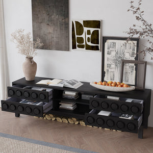 English Elm Modern Mid-Century Media Console with 4 Drawers and Concealed Cable Management, Stylish TV Stand Up to 75" Black+ Gray W757P305594