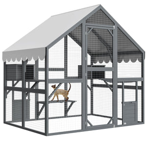 English Elm Extra Large Walk-in Outdoor Cat Enclosure with Oxford Roof Ramps and Dual Resting Huts W1422S00046