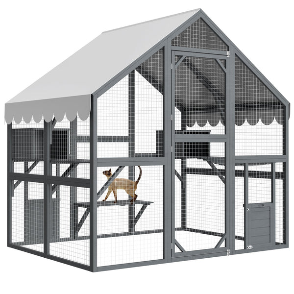 English Elm Extra Large Walk-in Outdoor Cat Enclosure with Oxford Roof Ramps and Dual Resting Huts W1422S00046