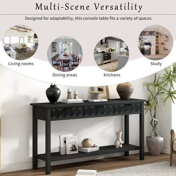 English Elm U_Style 60'' Modern Console Table With Honeycomb-Patterned Drawers, Solid Fir Legs For Versatile Storage N711P230811B-GIGA