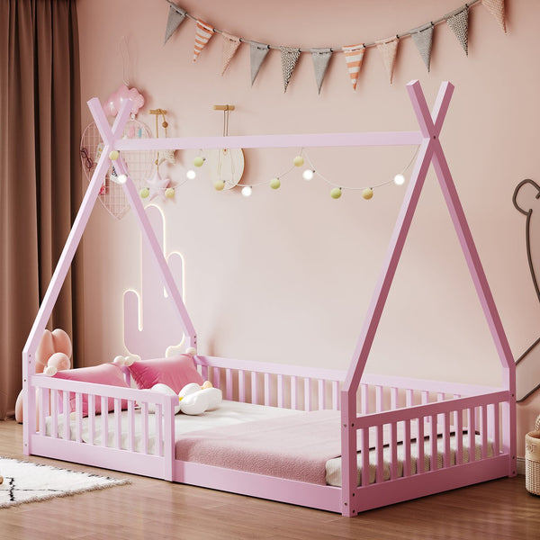 English Elm Twin House Bed with Roof and Fence for Kids – Sturdy Pine Frame, Vintage Wash Design, Safe Sleep Space Pink N709P183348H