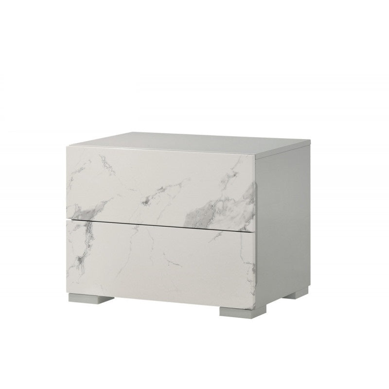 English Elm White/gray Lacquer Two Drawer Nightstand Marble Laminate Gloss Bedside Storage B011P496277