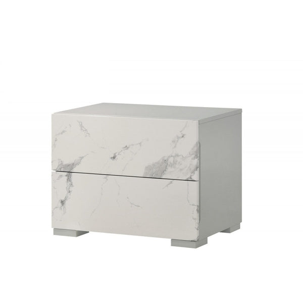 English Elm White/gray Lacquer Two Drawer Nightstand Marble Laminate Gloss Bedside Storage B011P496277