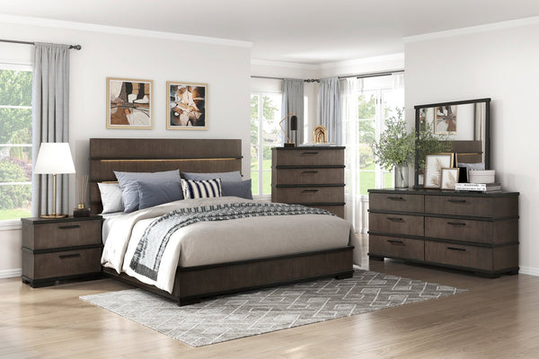 English Elm Two-tone Oak Veneer Queen Bed with Led Headboard for Modern Industrial Bedroom B011S01411