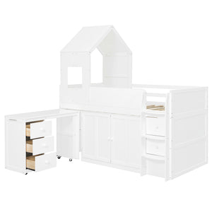 English Elm Twin House Loft Bed with Pull Out Rolling Desk Stair Drawers and Cabinet Storage White N820S00072K