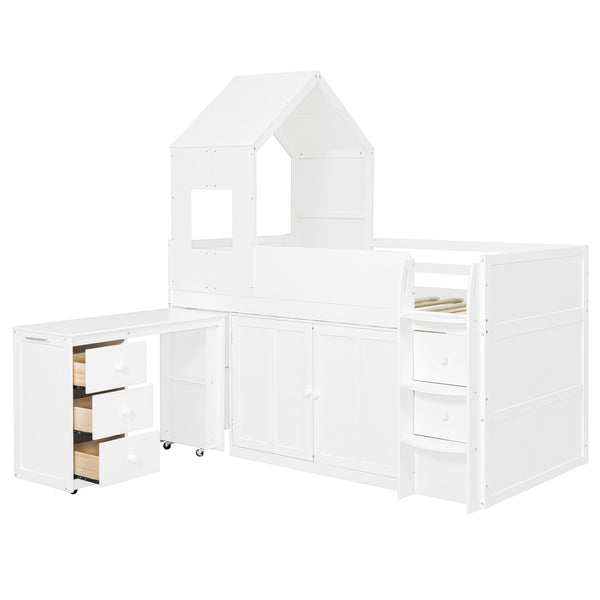 English Elm Twin House Loft Bed with Pull Out Rolling Desk Stair Drawers and Cabinet Storage White N820S00072K