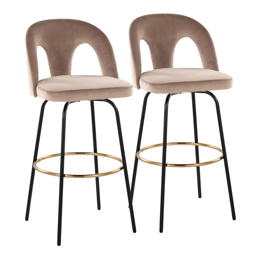 English Elm Fixed-height Swivel Barstools with Gold Footrest Black Frame White Upholstery Set Taupe B202S01885