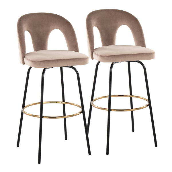 English Elm Fixed-height Swivel Barstools with Gold Footrest Black Frame White Upholstery Set Taupe B202S01885
