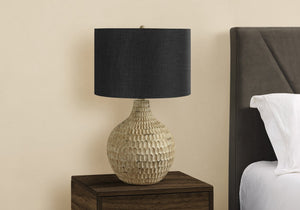 English Elm Lighting, Textured Gourd-Shaped Table Lamp With Black Shade, Brown Resin, 3-Way Switch, Modern Style B2710P220073