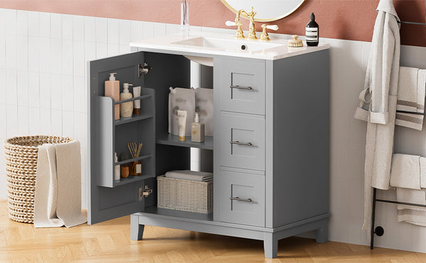 English Elm 30-inch Modern Bathroom Vanity with Ceramic Basin, Rubberwood Frame, Soft-Close Drawers & Organized Storage Grey N729P290689E
