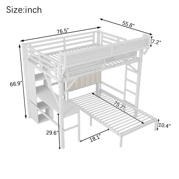 English Elm Ful Full-over-Twin Metal Bunk Bed with Desk, Bookshelves, LED Lighting & USB Charging Station, White W2580S00041