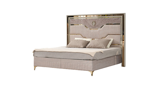 English Elm Omari Modern 4-Piece Queen Bedroom Set With Hydraulic Storage Bed & Gold Accents In Elegant Beige B009S01395
