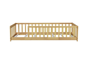 English Elm Twin Size Rubberwood Floor Bed with Safety Fence for Toddler Rooms Natural Finish W504P370528