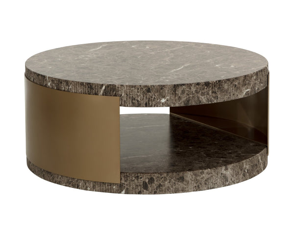 Sunpan CAVETTE Coffee Table - Elegant Dark Emperador Marble Look with Brass Frame for Modern Living Rooms 112634