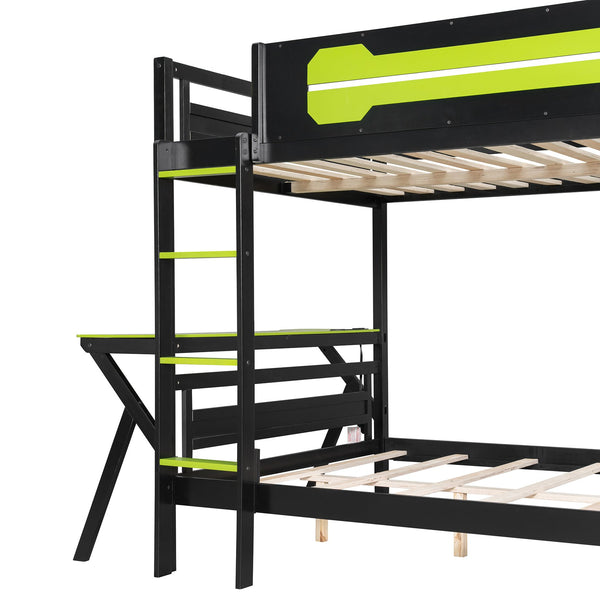 English Elm Full Size Gaming Bunk Bed with Dual Desks Usb Charging Ports and Pegboard Storage Green LT000274AAG
