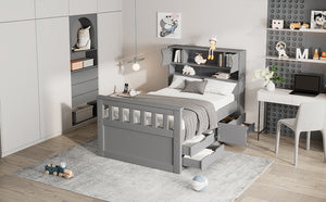 English Elm Twin Captain Platform Bed Frame with Built-In Bookcase, Four Drawers & Slat Support for Storage Gray GX001828AAE