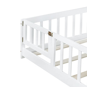 English Elm Full Size Floor Bed With Safety Guardrails & Convenient Door, Eco-Friendly Rubberwood Design In White W504P286379