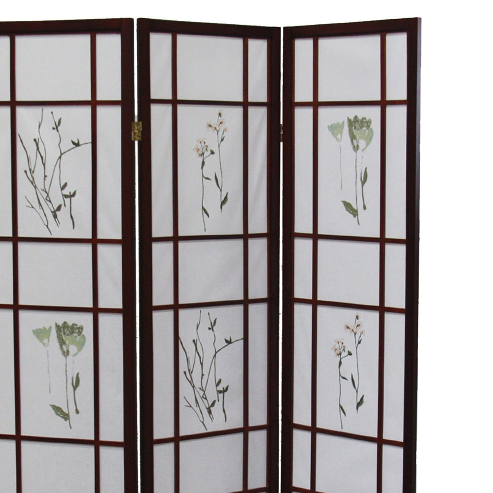 English Elm 70" Elegant 3-Panel Shoji Room Divider In Cherry Finish – Traditional Privacy Screen With Floral Design B072115968
