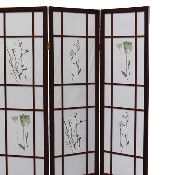 English Elm 70" Elegant 3-Panel Shoji Room Divider In Cherry Finish – Traditional Privacy Screen With Floral Design B072115968