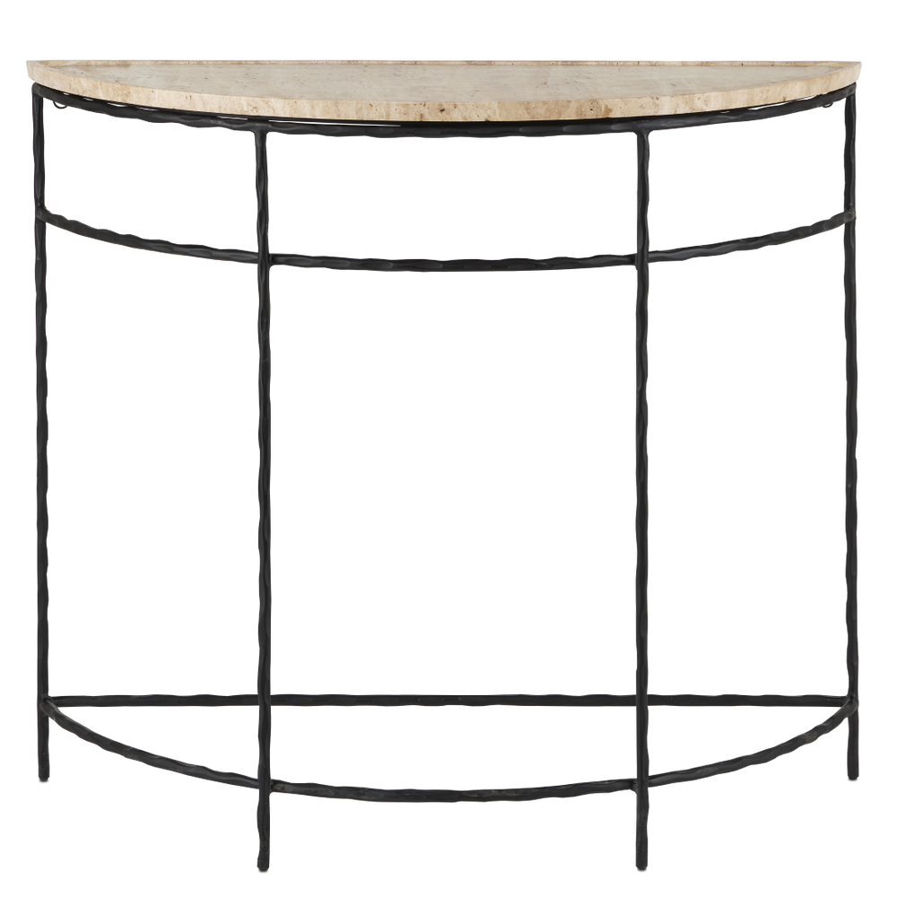 Boyles Travertine Demi-Lune Table with Unique Natural Stone Top & Elegant Forged Iron Base