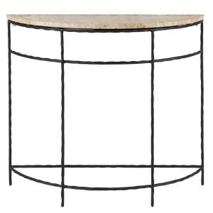 Boyles Travertine Demi-Lune Table with Unique Natural Stone Top & Elegant Forged Iron Base