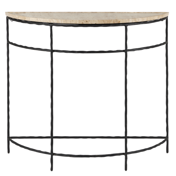 Boyles Travertine Demi-Lune Table with Unique Natural Stone Top & Elegant Forged Iron Base