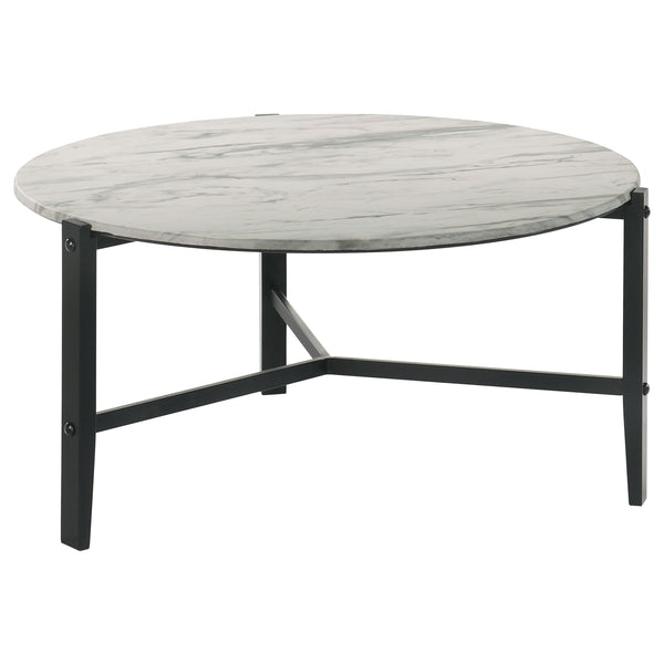 English Elm Tandi Round White Faux Marble Coffee Table with Sleek Metal Legs, Modern Elegant Low-Profile Design B062P344950