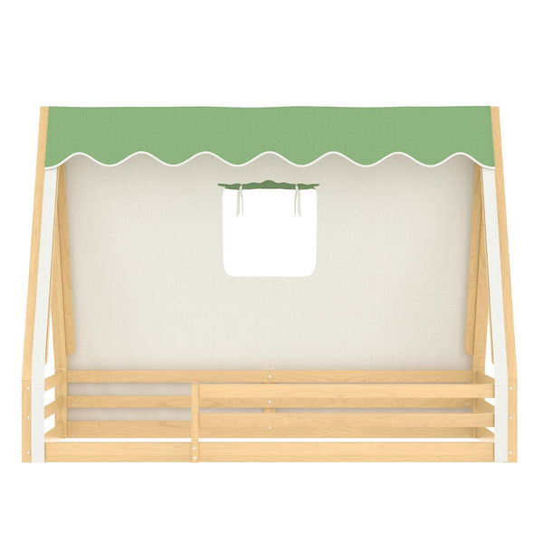 English Elm Twin Montessori Floor Bed Solid Pine Teepee Frame with Guardrails and Canopy Light W1580P369466